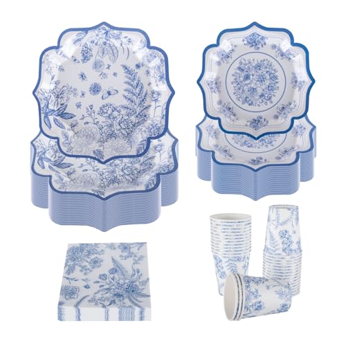 PHUNAT Vaisselle élégante en carton bleu et blanc pour 30 invités – Assiettes, serviettes et tasses – Thé, anniversaires