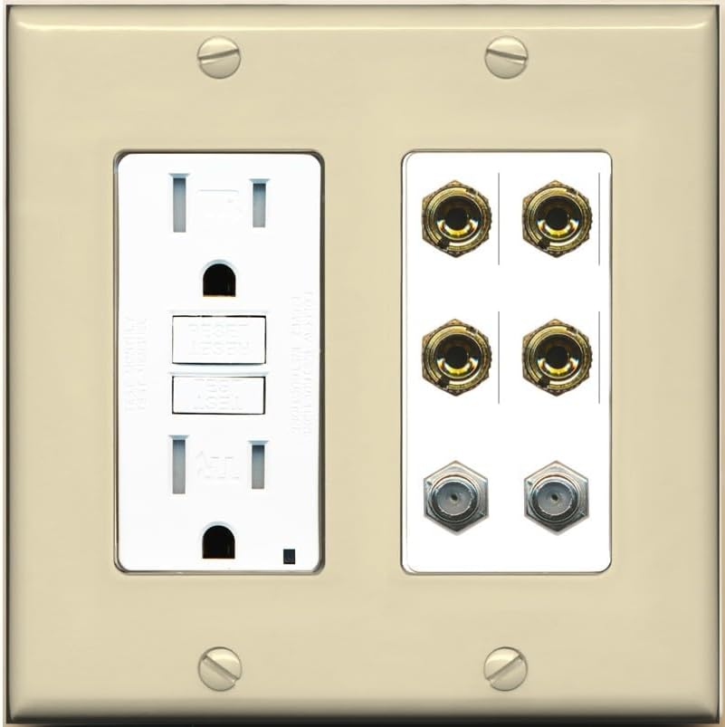 RiteAV 4 Port Banana 2 Speaker Binding Post 2 Coax Wall Plate - GFCI Outlet [Ivory/White]