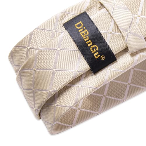 Image of DiBanGu Mens Silk Plaid Tie and Pocket Square Set | Elegant Silk Formal Tie Set, Woven Check Necktie and Cufflinks Tie Clip Set, Perfect for Wedding Party, Comes in Gift Box