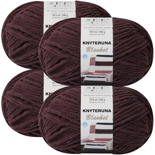 Image of #6 Super Bulky Blanket Yarn for Crocheting - 4 Skeins(Each 10.5oz /300g, 220yds /201m), Chunky Chenille Thick Plush Big Soft Yarn for Crocheting Knitting Blankets, Dark Coffee