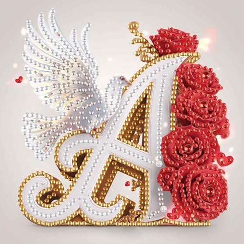 Image of AiYuanzsh 5D Special Shape Diamond Painting Letter A, Red Rose & White Dove Initial Diamond Art Kit for Adults, DIY Crystal Rhinestones Romantic Gem Art Crafts Wall Decor 17x17cm