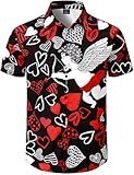 LINOCOUTON Mens Valentines Shirt Black Red Heart Printed Button Down Up Clothes, Romantic Heart, Large