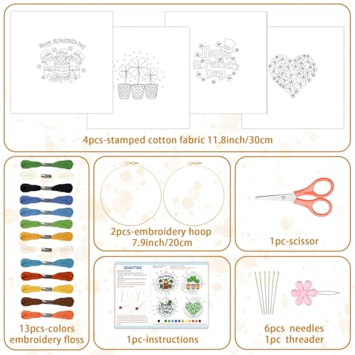 Image of BEUNITONE 4 Set Lucky Clover Pattern Embroidery Kit for Adult Beginners | DIY Complete Needlepoint Kits for Adults, Cross Stitch Starter Kit with Hoops, Handmade Gifts for Fabric Home Decor 20x20cm