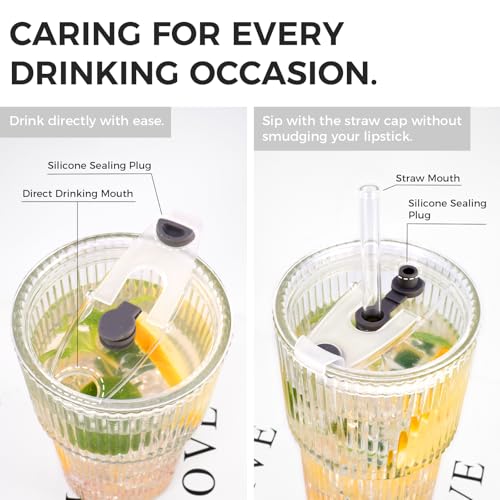 Colnic 4PCS 20oz Glass Cups with Lids and Straws, Iced Coffee Cups with Lids, Stylish Ribbed Thick Drinking Glasses Tumbler for Juice, Smoothies, Cold Beverages, Cute Cup Gifts with Clean Brush - image 5