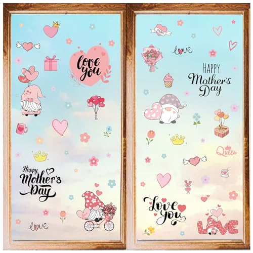 CRASPIRE 8 Estilos Pegatinas de Pared con Forma de Corazón, Flor de Gnomo Rosa, Pegatinas para Ventana del Día de la Madre, Pegatinas para el Día de San Valentín, PVC, Impermeables