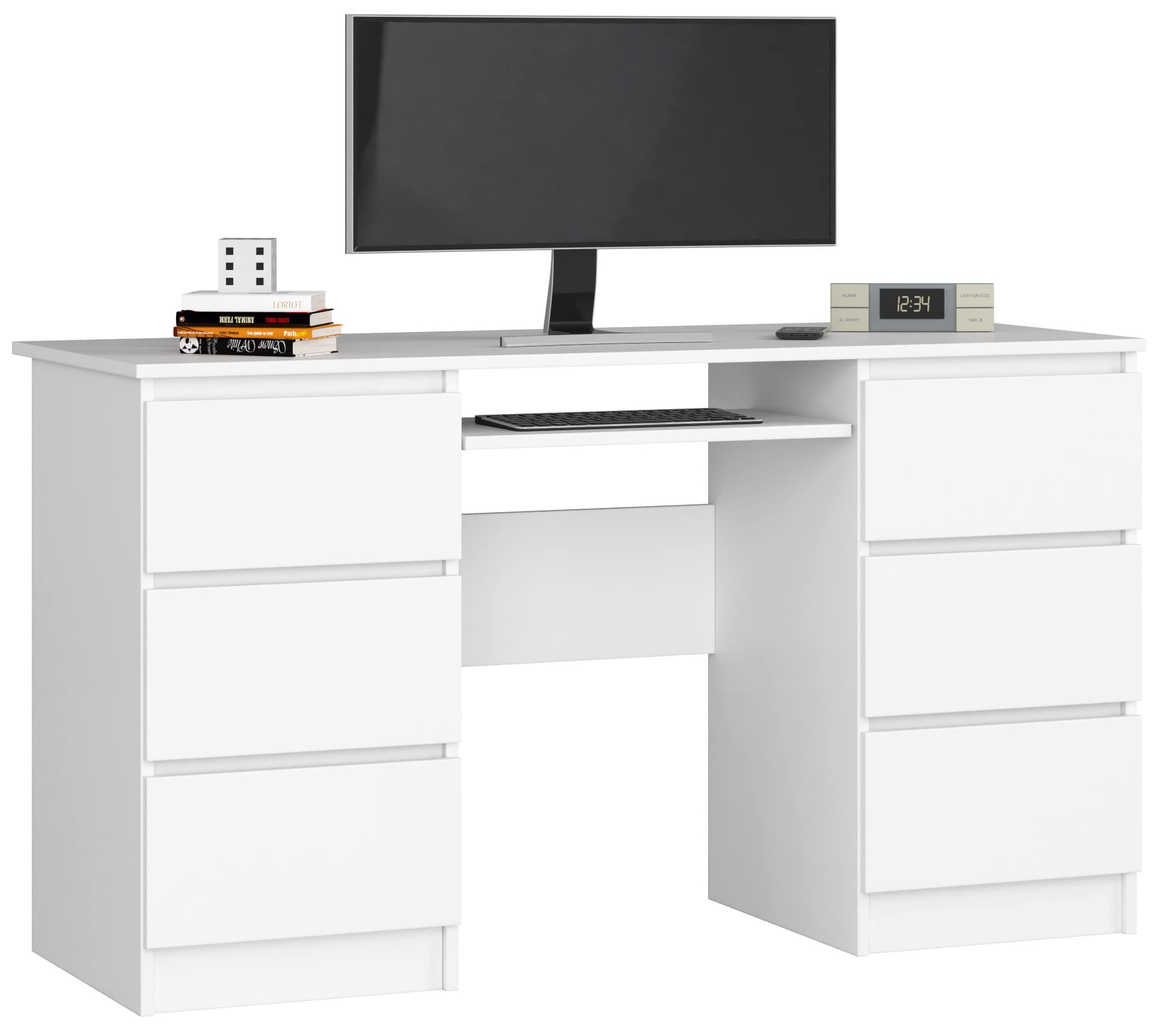 Bureau d'ordinateur avec 6 tiroirs et un tiroir coulissant pour le clavier, 135 x 77 x 50 cm