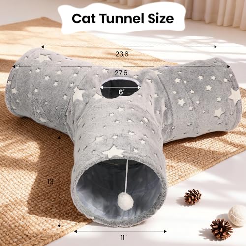 Image of Tempcore 3-Way Collapsible Cat Tunnel Toy with Self-Luminous Tube & Teaser Wand, Peek Holes & Hanging Ball, Photoluminescence Play Tunnel for Indoor Cats, Puppy, Rabbit