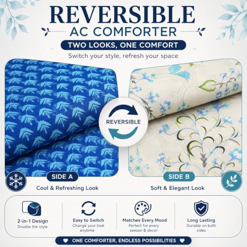 Image of IVAZA Luxury Ultrasonic Punch AC Comforter Blanket - Quilted Microfiber Floral Pattern, Lightweight Breathable All‑Season Blanket for Bedroom, Travel (Single Bed,228x152 CM) Antique Gold Blue