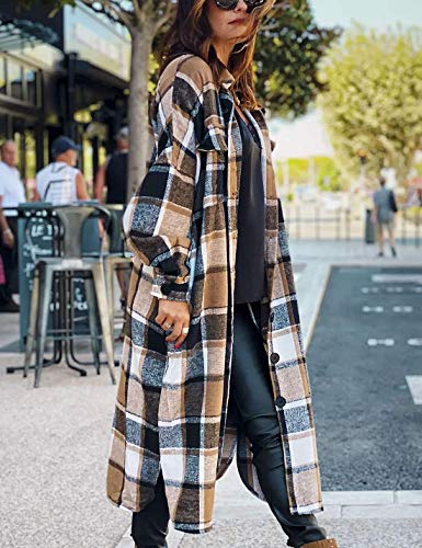 Omoone Women's Lounge Lapel Button Up Long Sleeve Plaid Long Shirt Jacket Shacket(1766-Brown-S) #TOP2