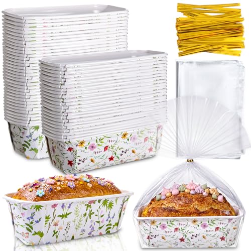 Hushee 50 Sets Wildflower Paper Loaf Pans with Bags & Ties 6.3x2.2x2.2 Disposable Mini Bread Baking Molds Colorful Floral Spring Cake Liners for Mothers Day Easter Garden Party Gifts