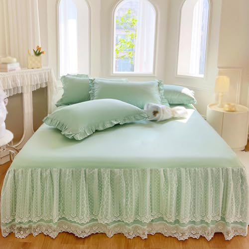 Faldón de Cama con 2 Fundas de Almohada Transpirable Falda de Cama con Volantes Caída de 45 cm Suave Sabana Bajera Fácil de Instalar