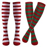 Sibba Striped Long Socks Tights Costume 2 Pairs Color Sox Stockings Shoes Accessories Red Knee-High Warm Winter Halloween Day Easter Clothes Gothic School Cosplay Party Girl Women (Red with Green)