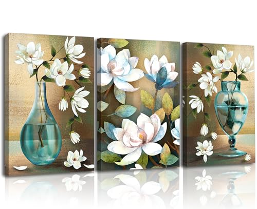 Piy Painting Lot de 3 Tableau sur Toile Orchidées blanches 40x58cm Tableau de Fleurs Decoration Murale Tableaux Moderne pour Cuisine Bureau Salle À Manger,...