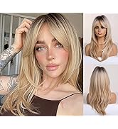 Esmee 20 Inches Long Straight Blonde with Dark Roots Layered Synthetic Hair Wigs for Women Daily ...