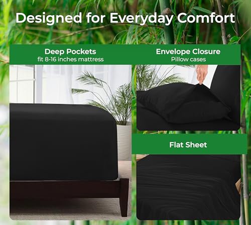 Image of Royale Linen Bamboo Viscose Queen Sheet Set - Cooling Bed Sheet Set - 1 Fitted, 1 Flat & 2 Pillowcase - Fits Up to 16 inch - Organic Viscose Derived from Bamboo - Bedding Sheet & Pillowcase (Queen, Black)