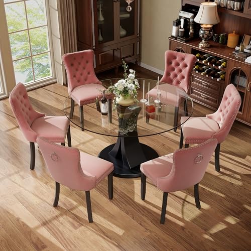 Image of 7-Piece Dining Table Set with 47In Tempered Glass Table and 6 Velvet Upholstered Chairs, Modern Scandinavian Furniture for Dining Room Kitchen(Pink)
