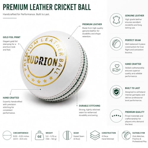 Image of Premium Leather Cricket Ball | Hand Stitched 4 Ply Leather Ball with Raised Seam for Swing & Bounce | Durable Match & Practice Ball for Club, Training & Professional Cricket (1, White)