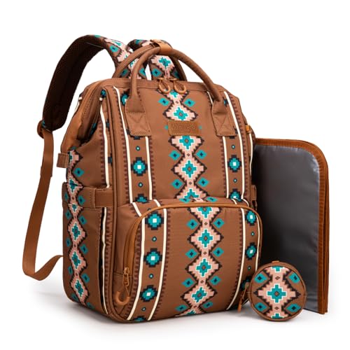 Image of Montana West Wrangler Diaper Bag Backpack Aztec Travel Backpack Purses Western Multi-Function Baby Bags for Mom with Waterproof Insulated Pockets