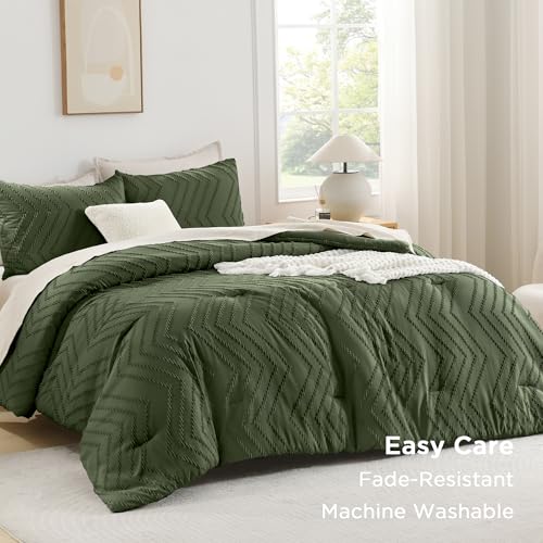 Image of Andency Olive Green Comforter Set Queen Size, Boho Soft Fluffy Warm Lightweight Bedding Comforter Sets for Queen Bed, 3 Pieces Chevron Tufted Aesthetic Microfiber Lightweight Comforter Set