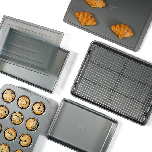 Image of Calphalon Titan 10-Piece Nonstick Bakeware Set, Baking Sheet Set, Steel Core PFA-Free Nonstick Coating, Oven Safe, Includes Sheet Pans, Muffin Pan, Round Cake Pans, Loaf Pan and Cooling Rack - Silver