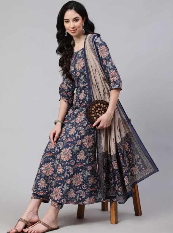Women Printed Anarkali Kurta Set with Dupatta, Navy Blue and Beige Floral Design (IN, Alpha, L, Regular)
