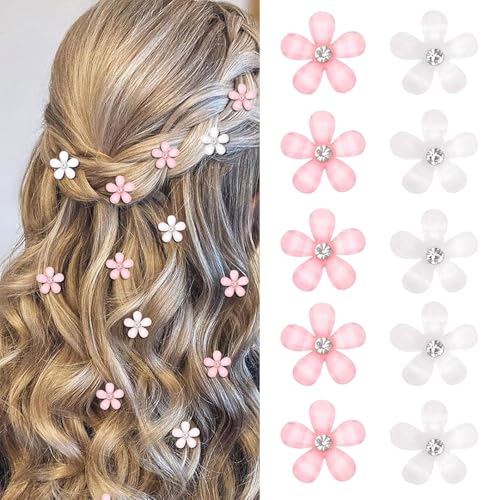 Mezrkuwr Lot de 10 mini pinces à cheveux en forme de fleurs blanches et roses avec strass - Jolies épingles à cheveux décoratives pour mariage
