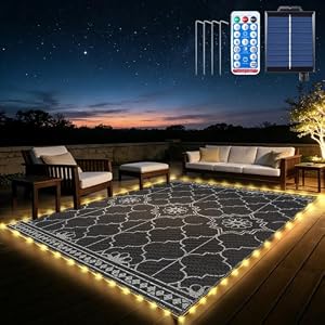 9x12Ft Outdoor Rug, Solar Powered Outdoor Rug with 131LEDs Strip Lights for House Deck, Waterproof Plastic Reversible Outdoor Straw Rugs, Rugs Mat RV Camping Patio Beach Balcony Picnic (Black Gray)