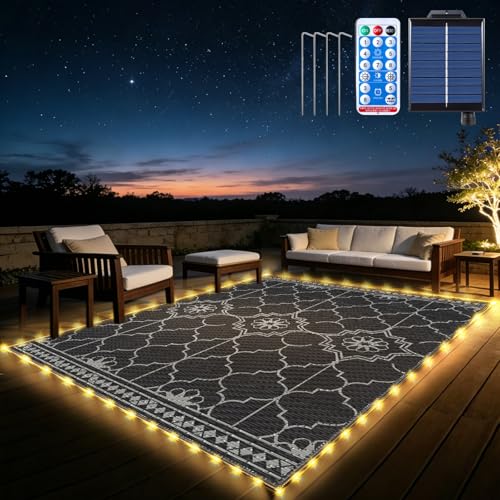 9x12Ft Outdoor Rug Solar Powered Outdoor Rug with 131LEDs Strip Lights for House Deck Waterproof Plastic Reversible Outdoor Straw Rugs Rugs Mat RV Camping Patio Beach Balcony Picnic (Black Gray)