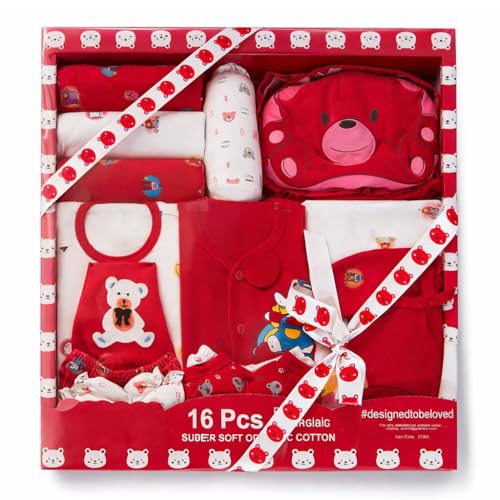 Image of MOM CARE Newborn Baby Gift Set | 100% Cotton Baby Clothing Set | 0?3 Months | Baby Shower & Welcome Gift Box (Red, Set of 16)