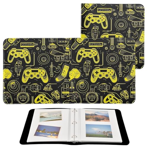 Álbum de fotos Scrapbook auto adhesivo con diseño de controladores de juegos, 3 anillos, cubiertas de cuero PU amarillo y negro, 40 páginas, tamaño 11.8x11.2 pulgadas miniatura 2