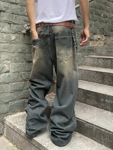 Image of HUNGSON Mens Baggy Jeans for Men Women Y2k Skater Vintage Plain Pants Casual Wide Leg Jeans Loose Fit Denim Jeans