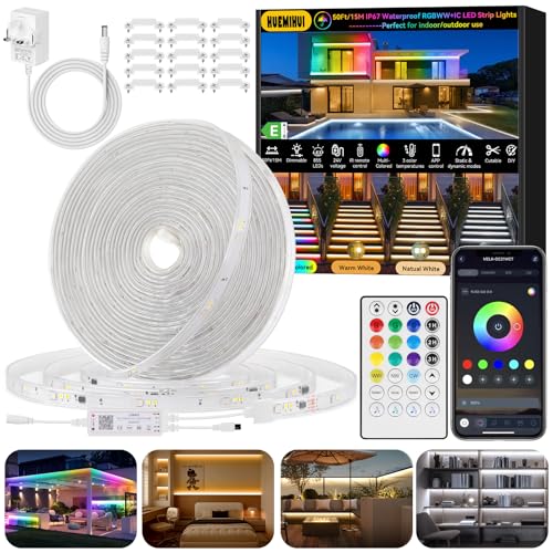 HUEMIHUI 15M Outdoor RGBWW+IC LED Strip Lights, IP67 Waterproof Multi-Colored+3000K-6500K LED Lights with Remote & APP, Music Sync Color Changing Tape Lights, 24V DIY Strip Lighting for Courtyard-15M