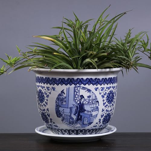 青と白の磁器植木鉢 シノワズリ 景徳鎮 ホームガーデンプランターパターン 植木鉢 排水穴付き 屋内屋外ガーデニング植物用 D-24*16cm