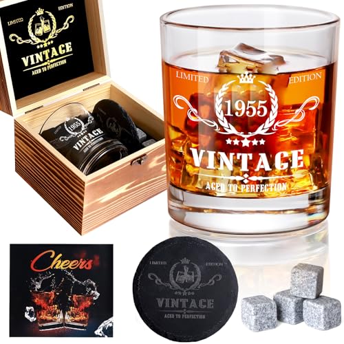 Geschenke zum 70. Geburtstag für Männer 340ml,1955 Whiskyglas in wertvoller Holzbox, Hochwertiges Bourbon-Glas für 70-jährigen Vater, Ehemann, Großvater, Geschenkideen zum 70. Geburtstag