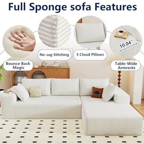 Image of 96 inch Modular Sectional Sofa, Modern Corduroy Cloud Couch with Deep Seat, Boneless Couch Upholstered 3-Seater L-Shaped Sofa for Living Room, No Assembly Required (White, Right-Facing Chaise)