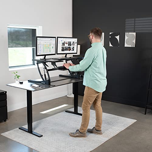 Image of VIVO Black 42 inch Standing Desk Converter, DESK-V000VL | Large, Height Adjustable, Stand Up Desk Riser, Wide Keyboard Tray, Dual Monitor and Laptop Workstation, V Series