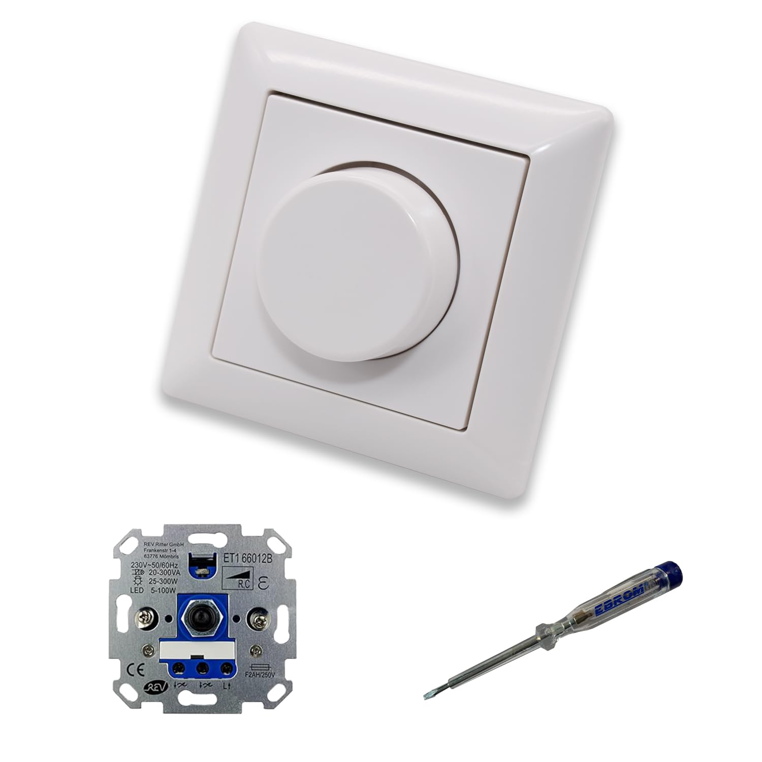 EBROM SET IDEE: REV Ritter LED Drehdimmer LED Dimmer + Jung Dimmerscheibe Zentralplatte A1740WW Einfachrahmen AS500 alpinweiß glänzend inklusive EBROM Phasenprüfer zur Montage des Dimmers ET1 66012B