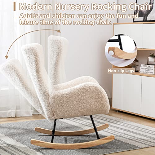 Olela Modern Rocking Chair Teddy Fabric Padded Seat With High Backrest And Armrests Accent Chair Lambswool Armchair Single Sofa Chair With Solid Wood Legs For Living Room Bedroom Playroom (Beige) #TOP2