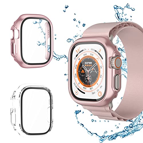 Hülle für Apple Watch Ultra 49mm Schutzhülle mit Displayschutz, Haojavo 2 Stück Schutz 360° Rundum Gehäuse Hart und HD Gehärtetes Glas Kratzfest Case Zubehör für Iwatch Ultra 49mm(Roségold+Klar) Cover