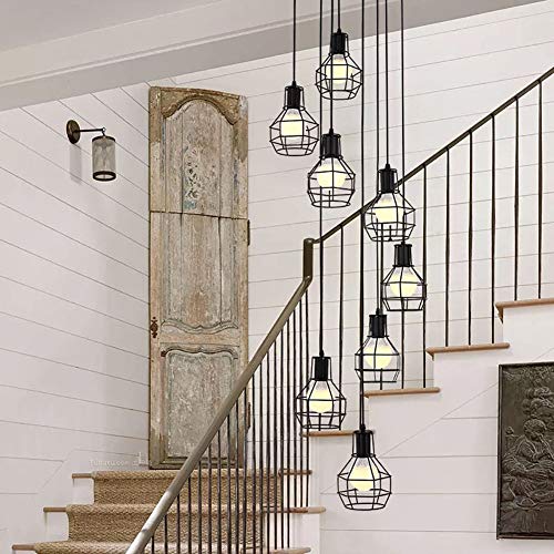 Lustre d'escalier moderne noir à 8 têtes E27 pour duplex et loft