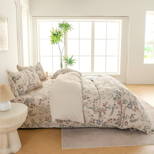 Image of Story@Home King Size Bedcover Set | 400 TC Microfiber Bedding Set with 1 Duvet Cover 1 King Bedsheet 270 x 250 cm & 2 Pillow Covers | Soft Durable Duvet Cover Set Floral Pattern | Beige Dark Brown