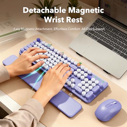 Wireless Keyboard and Mouse Combo, Full-Size Retro Typewriter Keyboard with Round Keycaps, Detachable Magnetic Wrist Rest, Tilt Legs, 2.4GHz Cordless for Mac, Windows PC, Laptop, SABLUTE CK23, Purple by SABLUTE - Image 2