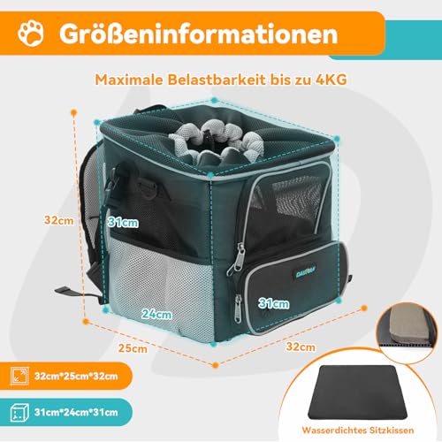 DAISTERN Hundekorb Fahrrad Vorne bis 3KG, Hundefahrradkorb mit Montagehalter Φ53mm, Rucksack Schultertasche Autositz mit Atmungsaktives Netzfenster, wasserdichtes Sitzkissen für kleine Hunde