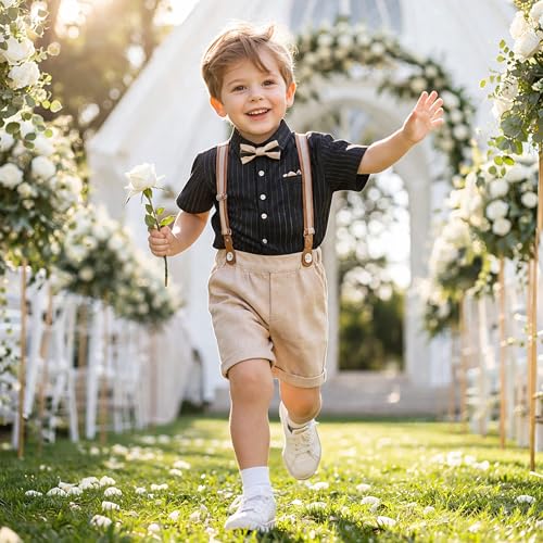 Image of Volunboy Baby Boy Formal Short Set Toddler Summer Gentleman Outfit Kid Short Sleeve Bowtie Shirt Suspender Shorts Suit