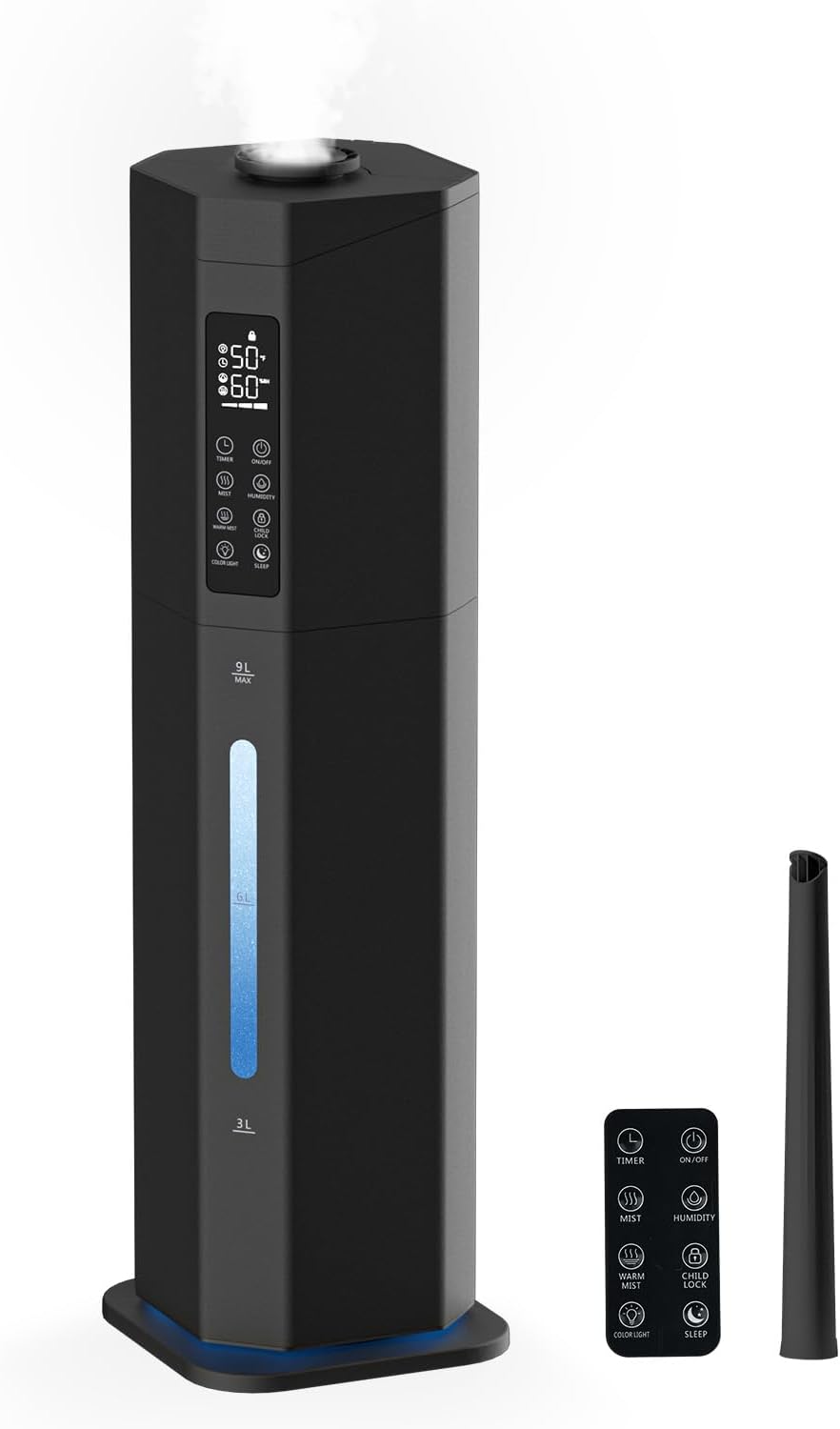 Humidifiers for Bedroom - GloryAir 2.38Gal/9L Top Fill Warm & Cool Mist Humidifier for Large Room 750ft² with Auto Mode 7-Color Light, Humidistat, Quiet Humidifier for Plants Baby Adults Home & Office