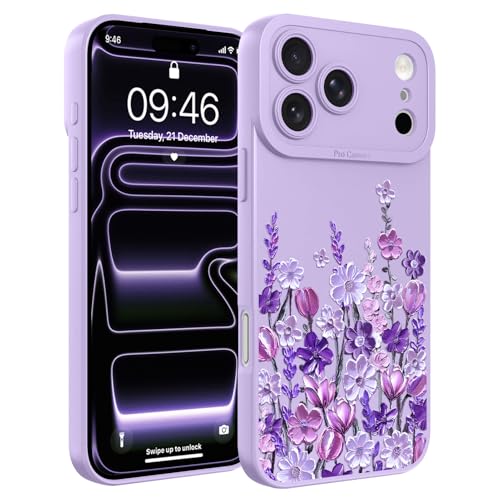Image of Designed for iPhone 17 Pro Case Floral for Women Girls, Purple | Cute Oil Painting Flower Pattern Liquid Silicone Phone Case [Full Camera Protection] Slim Soft TPU Protective Cover