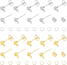 UNICRAFTALE 120 Piezas 2 Colores Bola de Hierro Post Stud Aretes Hallazgos Ronda Ear Pin con 120 Piezas Open Jump Rings Hipoalergénico Golden Ear Stud Hallazgos para Joyería Fabricación de Aretes