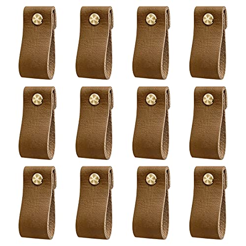 DOXILA Tiradores de Piel para Cocina, 12 piezas pomos y tiradores cajones vintage para armarios muebles cajón puertas (café)