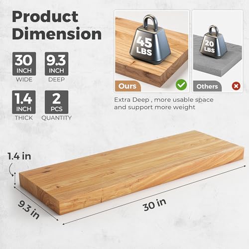 Image of RICHFOCUS Elm Floating Shelves for Wall - 30 inch W x 9.3 inch D Rustic Solid Wood Shelves with Invisible Bracket, Wall-Mounted for Living Room, Bedroom, Kitchen Storage & Display, Set of 2, Natural