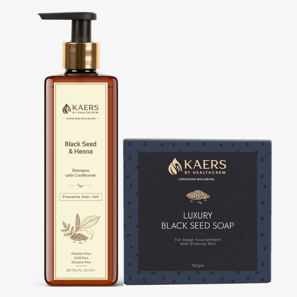 Image of Kaers Kalonji Hair & Skin Care Combo | Black Seed & Henna Shampoo | Pure Black Seed Luxury Soap | Nourishment Hair & Skin | Deep Nourishment & Glowing Skin | Men & Women - 200ml+150gm Value Pack